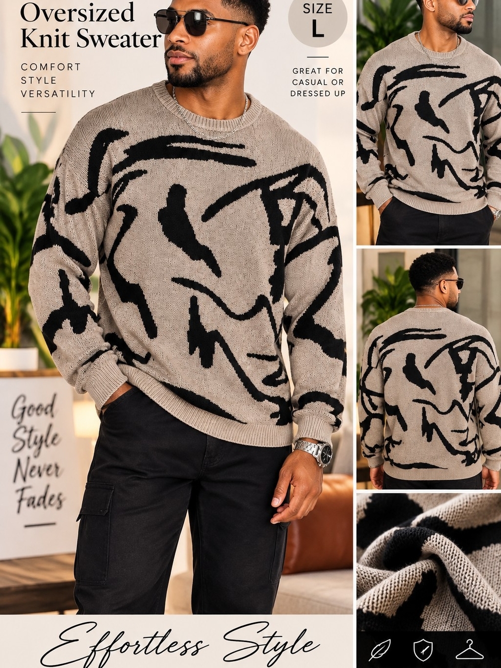 Men's Taupe Crewneck Sweater with Black Abstract Knit